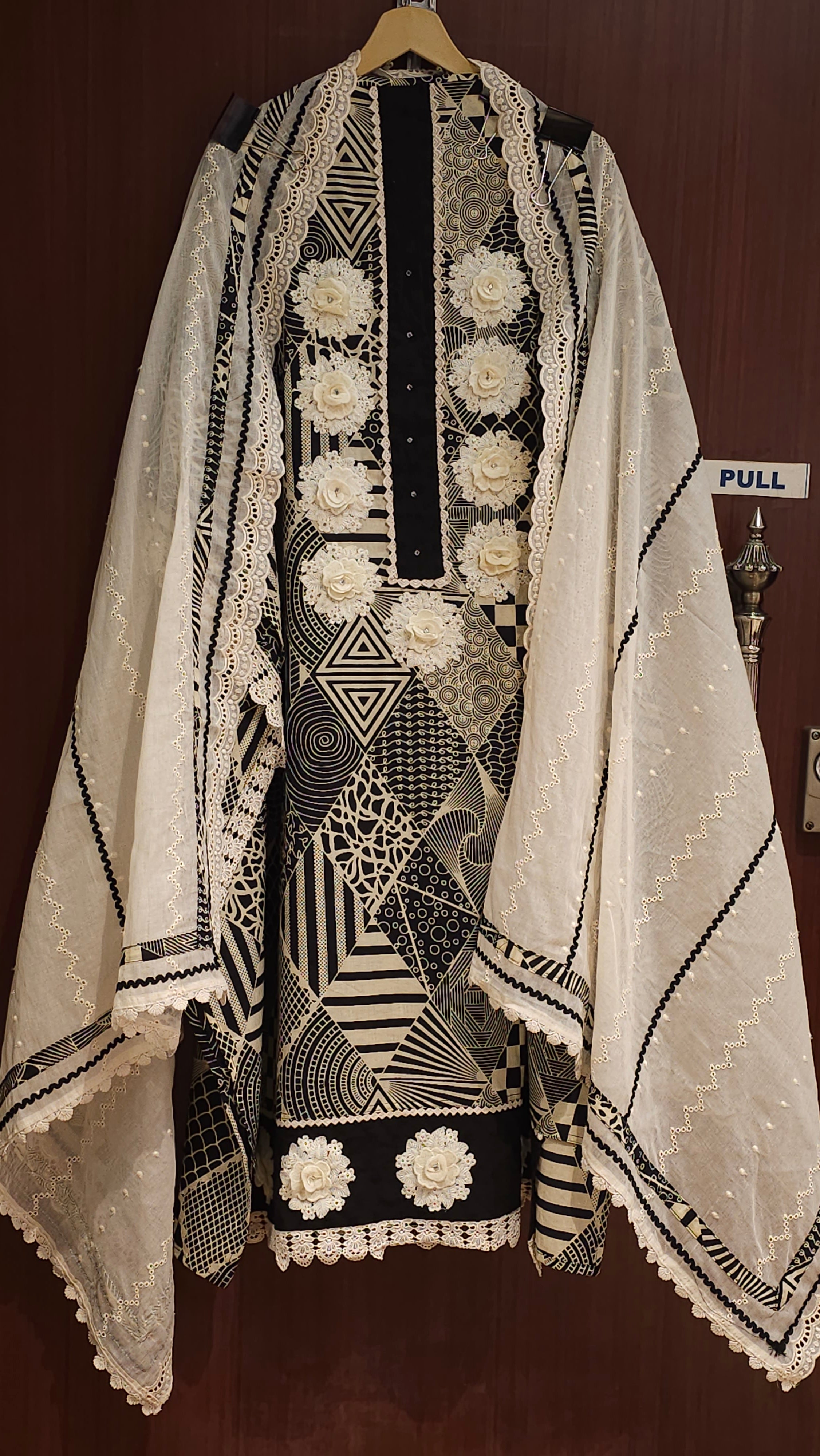 Geometric Print Cotton Suit with Chikan and 3D Flowers