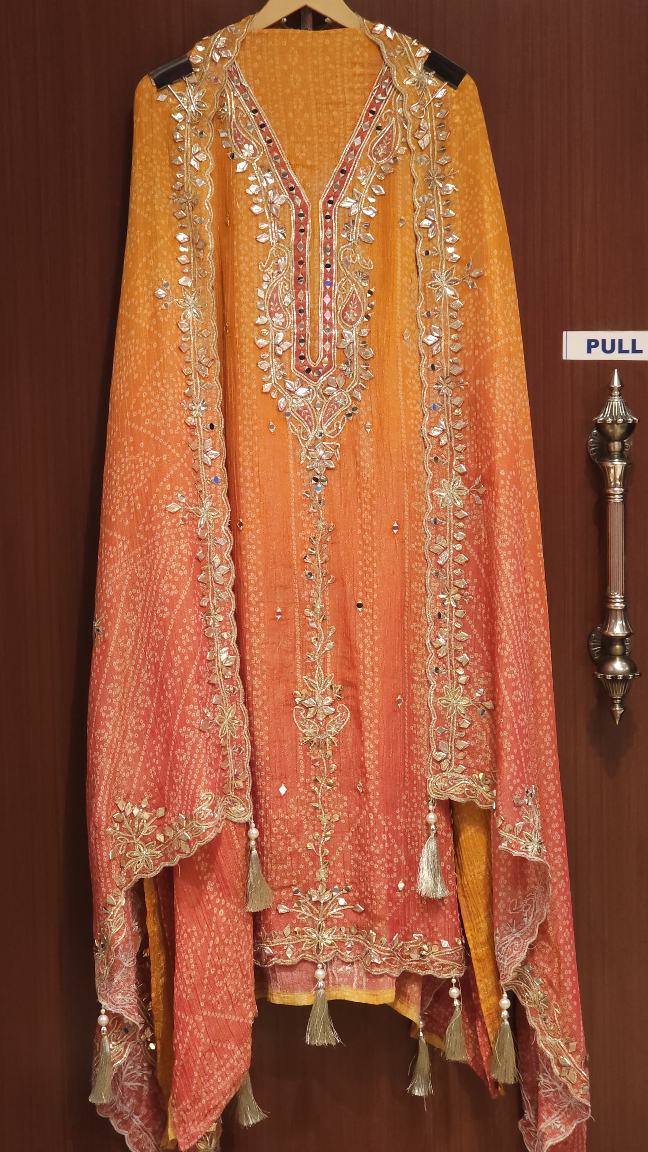 Bandhani Printed, Embroidered Crushed Shimmer tissue Suit