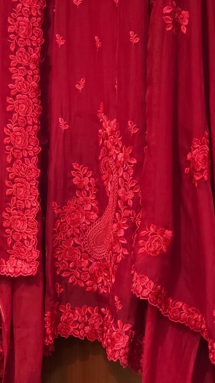 Red-maroon Edition in Viral Parsi Embroidery Suit