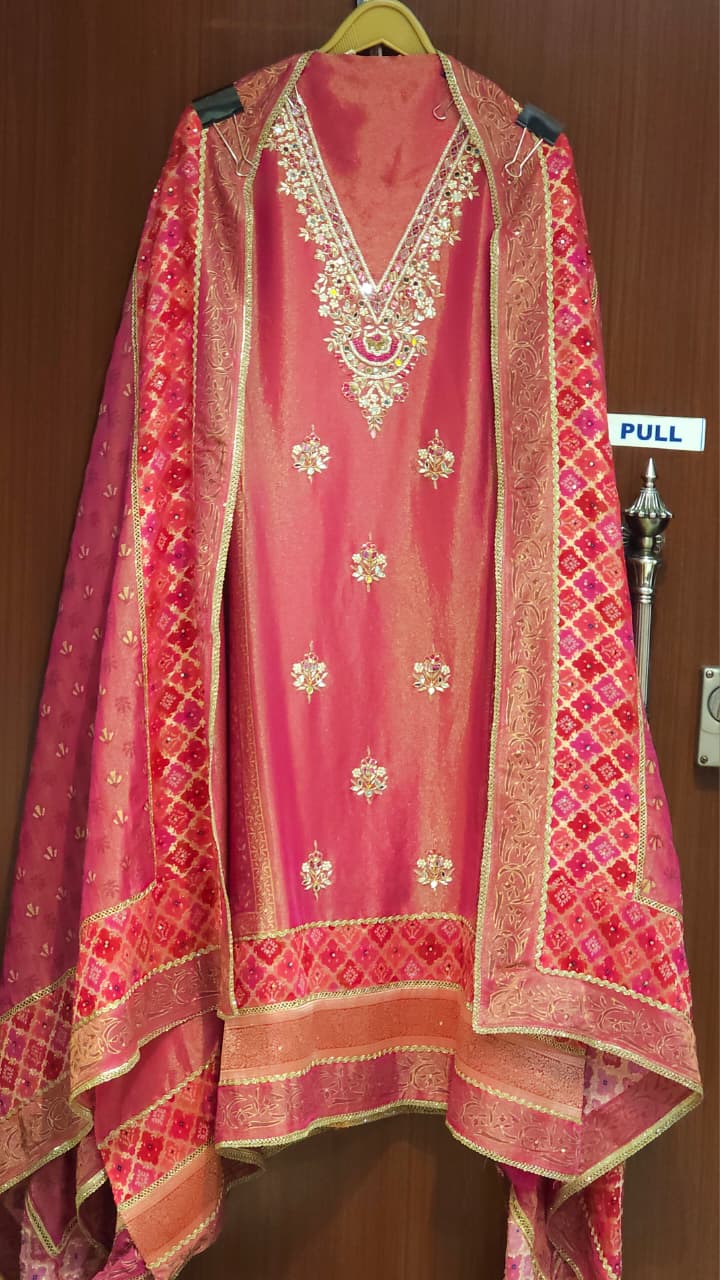 Block Print Banarasi Tissue Suit with hand embroidery
