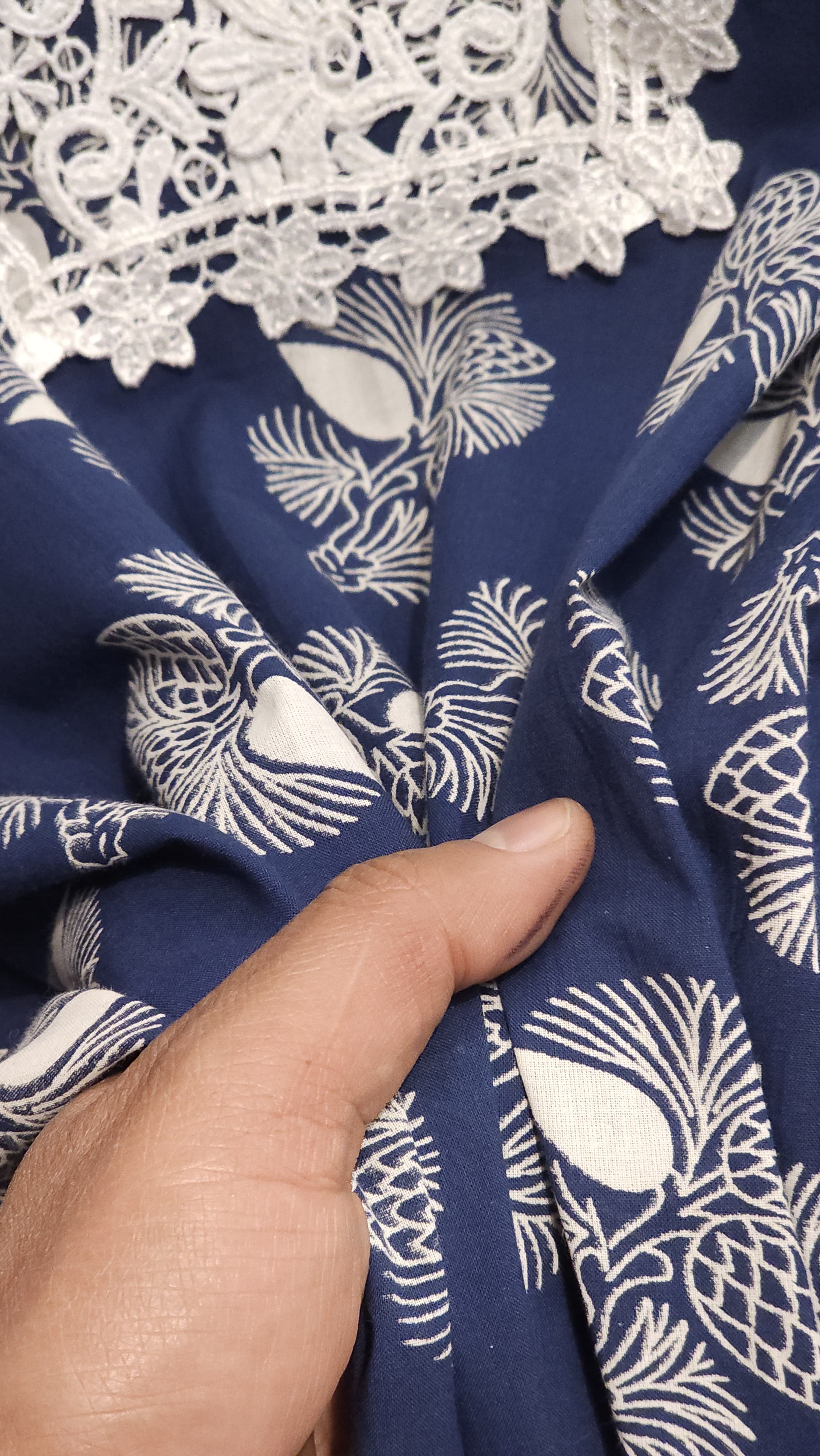 Pure Cotton Indigo Prints Suit- Schiffli Laces & Chiffon Dupatta