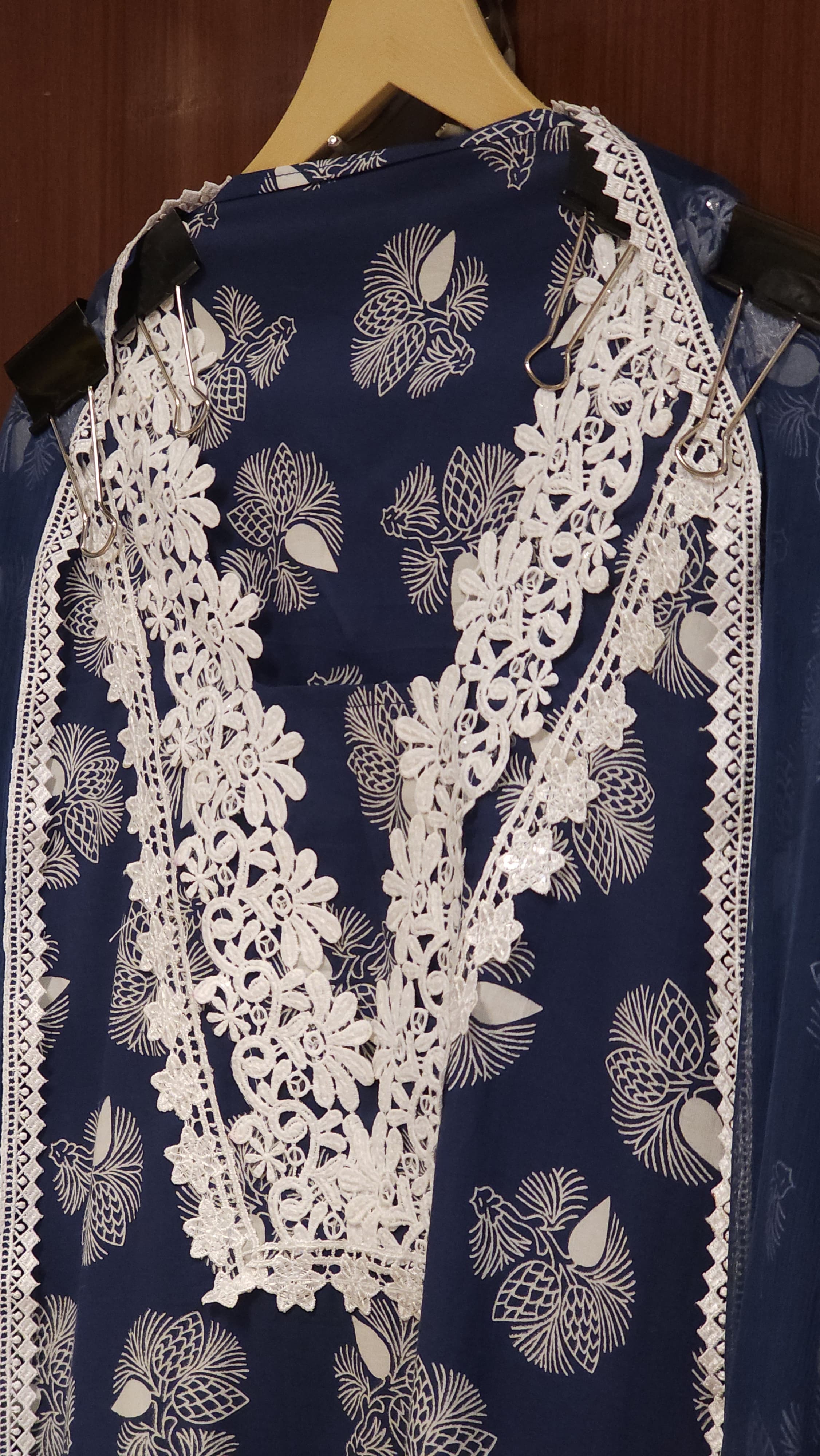 Pure Cotton Indigo Prints Suit- Schiffli Laces & Chiffon Dupatta