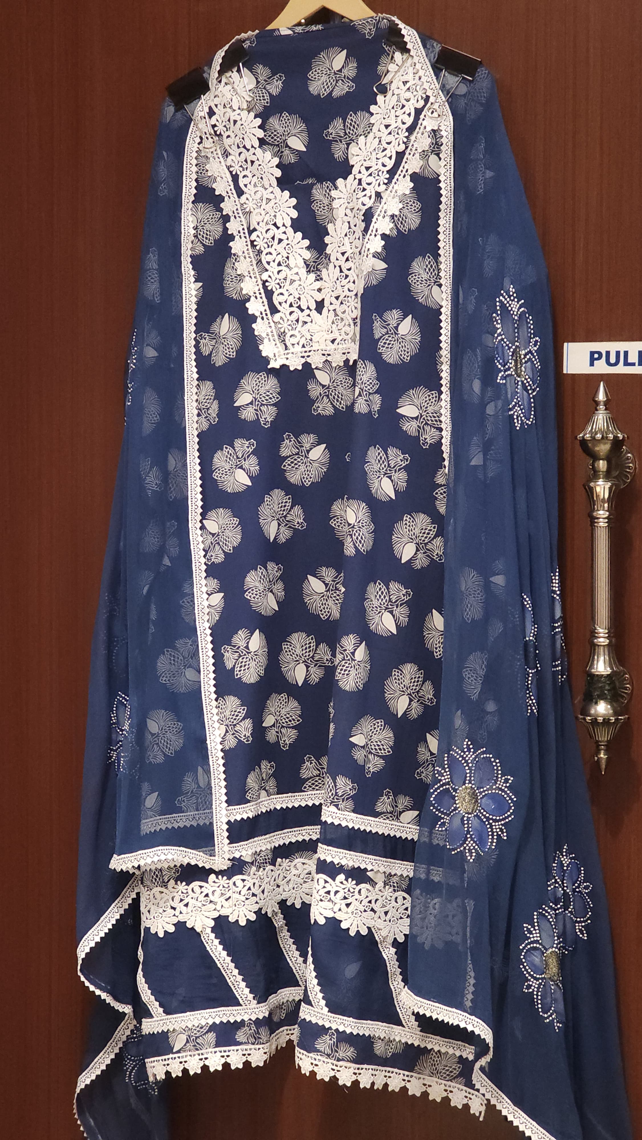 Pure Cotton Indigo Prints Suit- Schiffli Laces & Chiffon Dupatta
