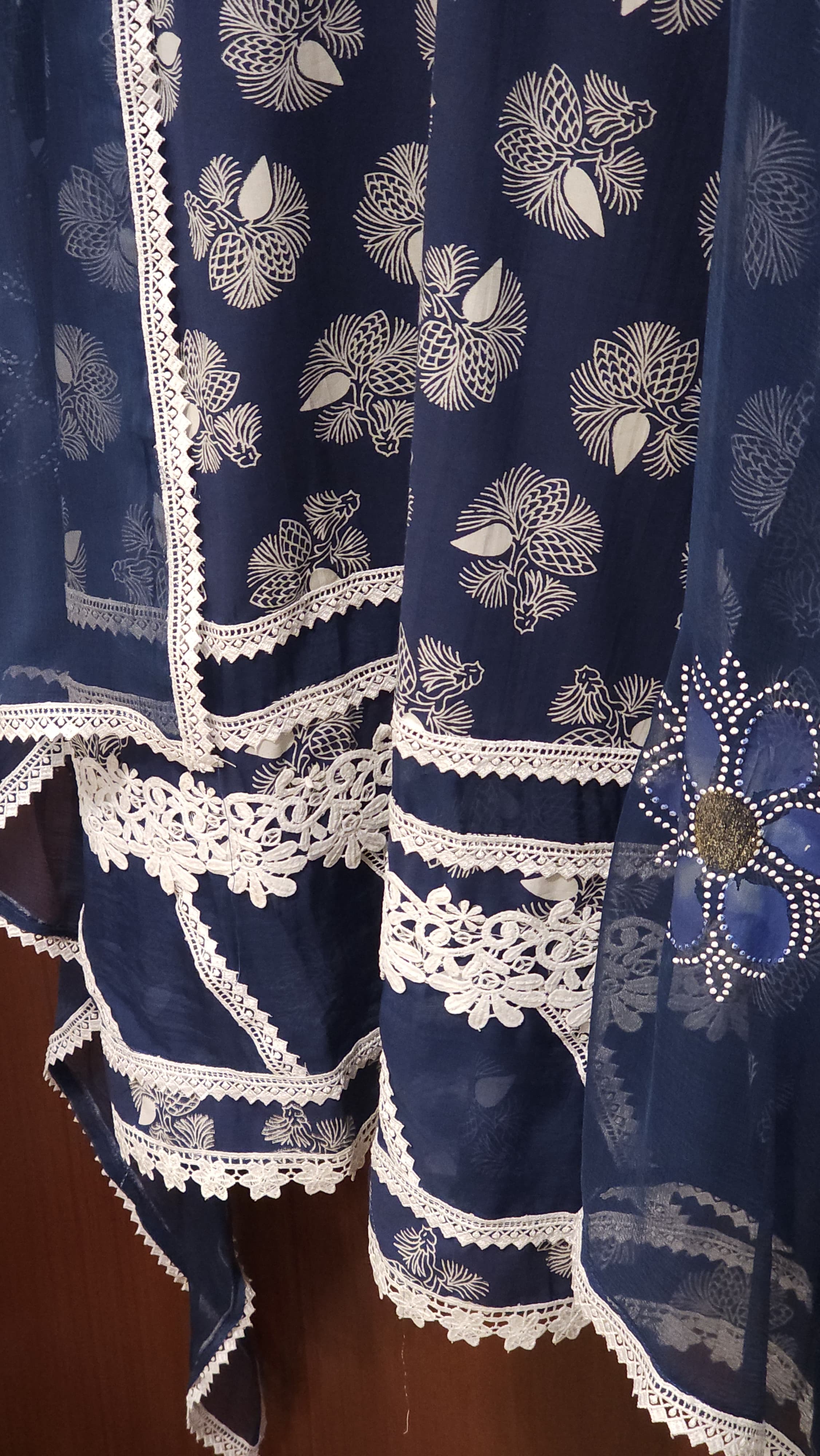 Pure Cotton Indigo Prints Suit- Schiffli Laces & Chiffon Dupatta