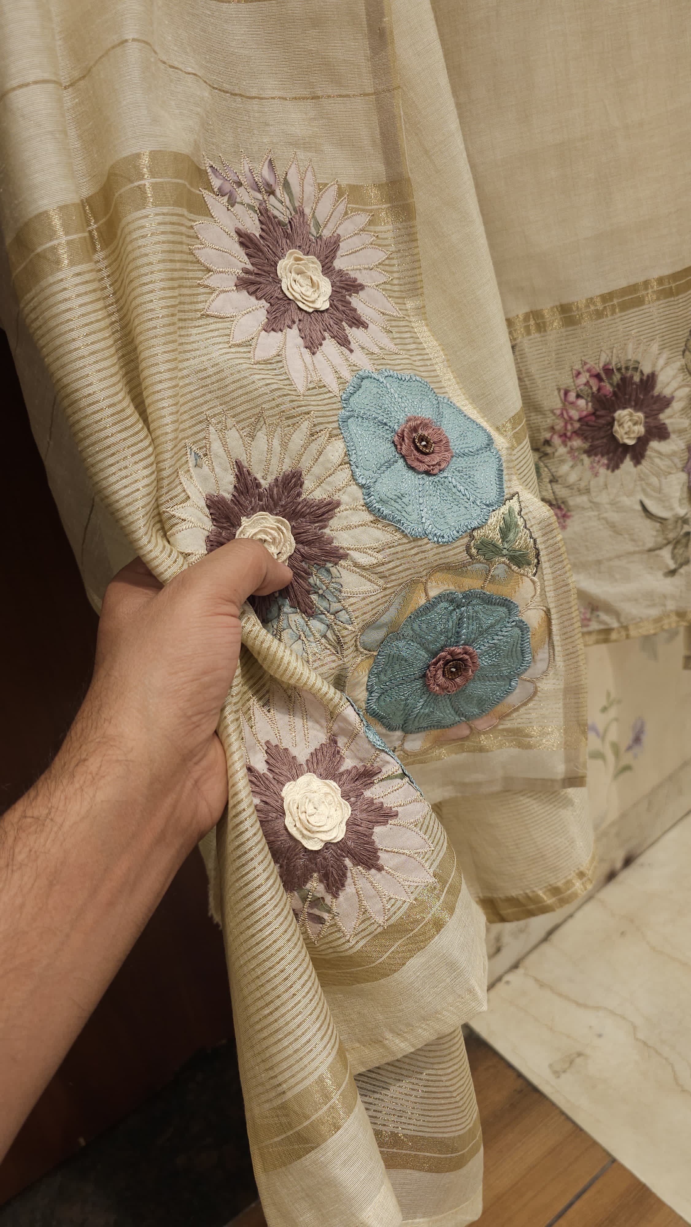 Jamdani Cotton Suit - Gold Lurex Weave | Handcrafted Details