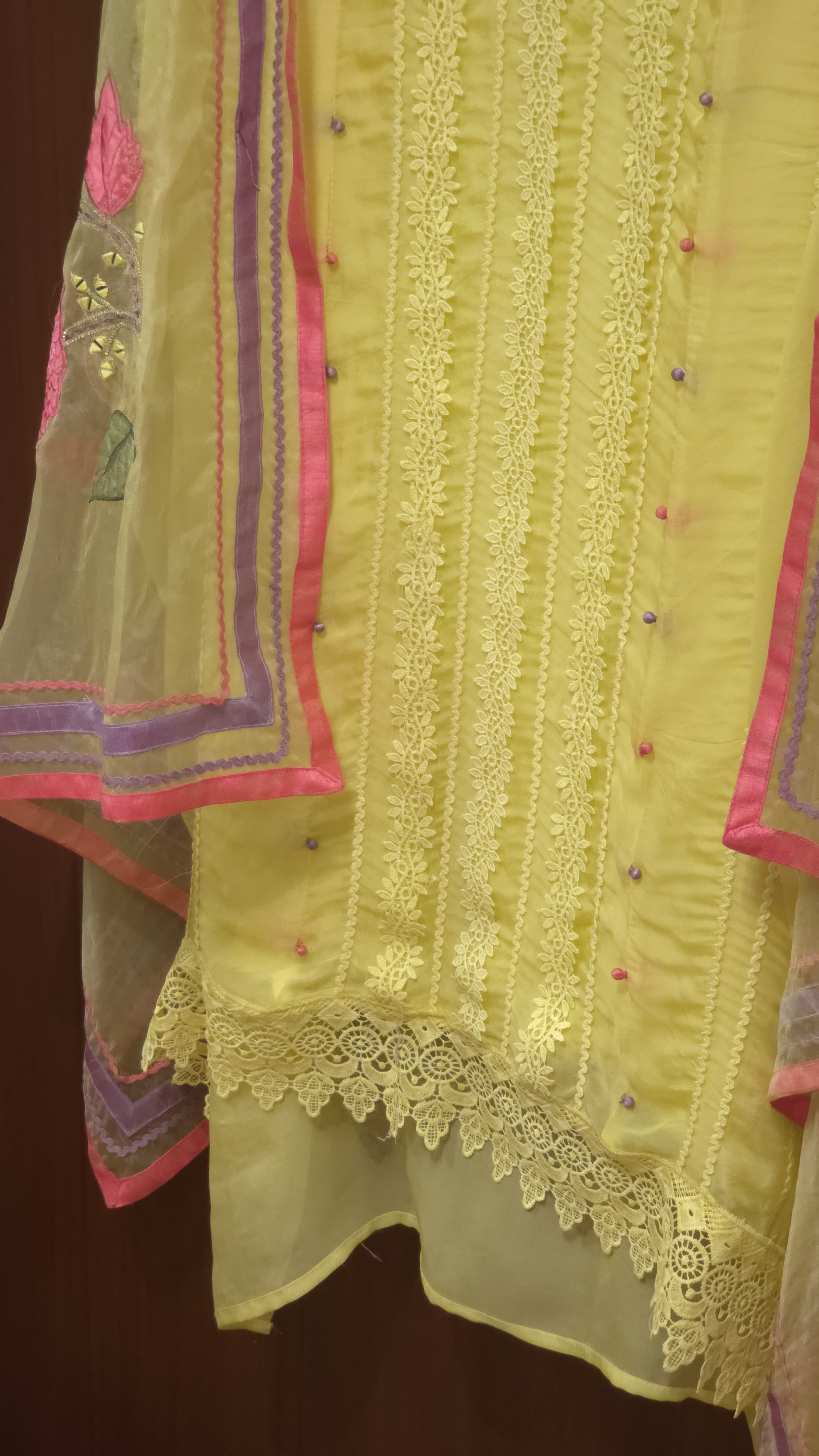Organza Suit with Karachi laces & delicate patchwork dupatta