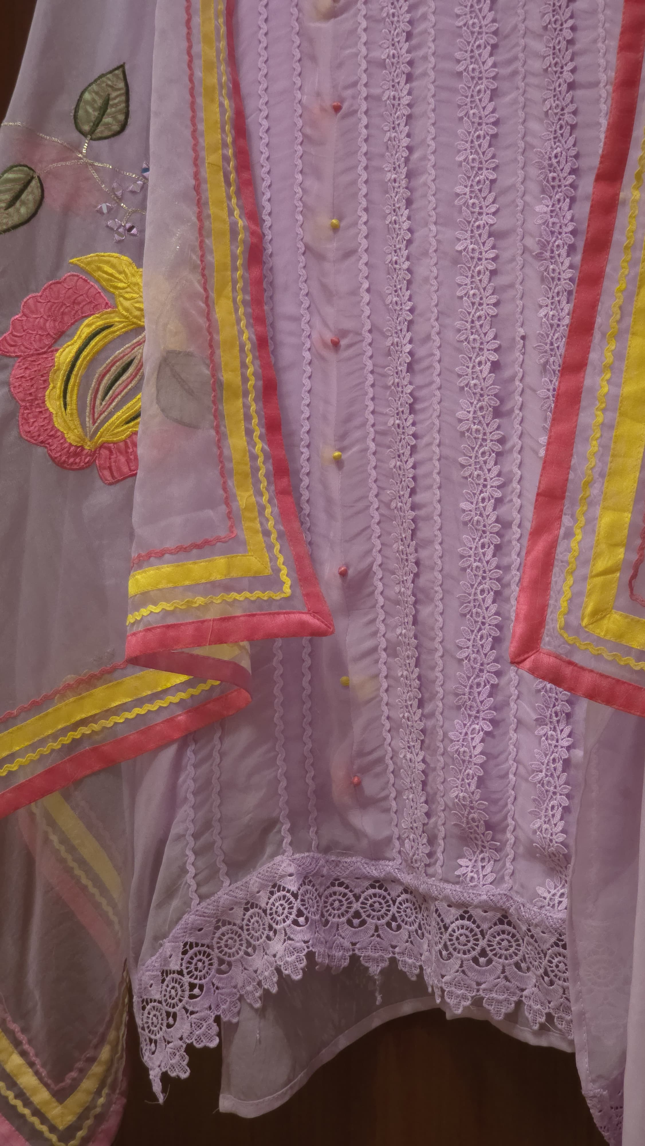 Organza Suit with Karachi laces & delicate patchwork dupatta