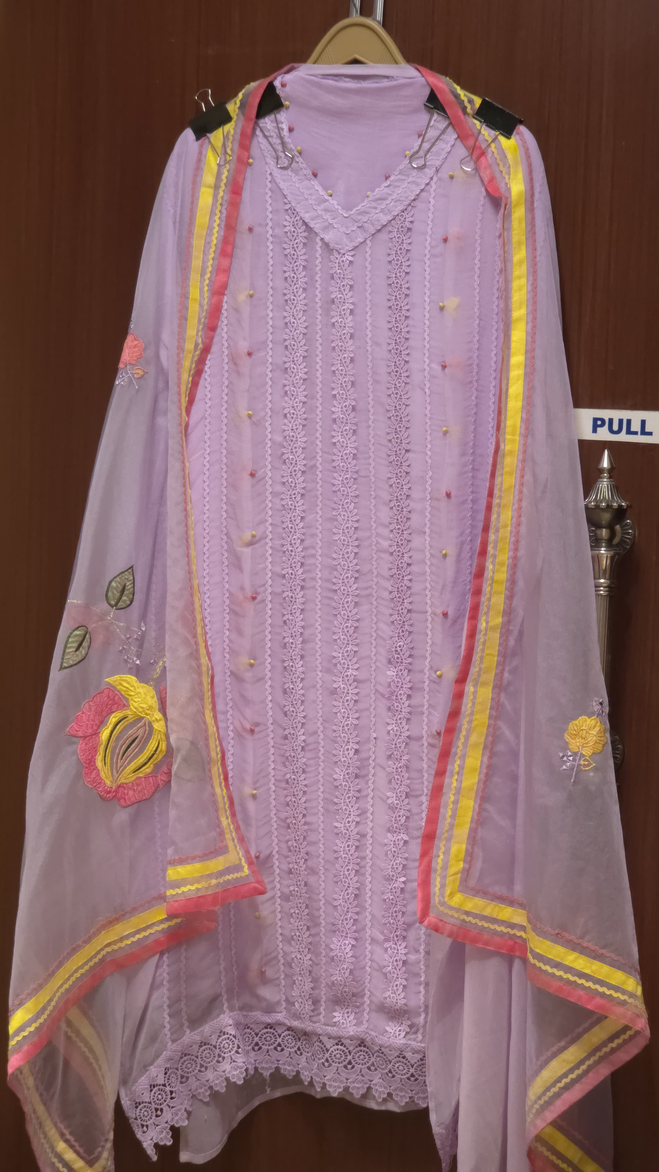 Organza Suit with Karachi laces & delicate patchwork dupatta