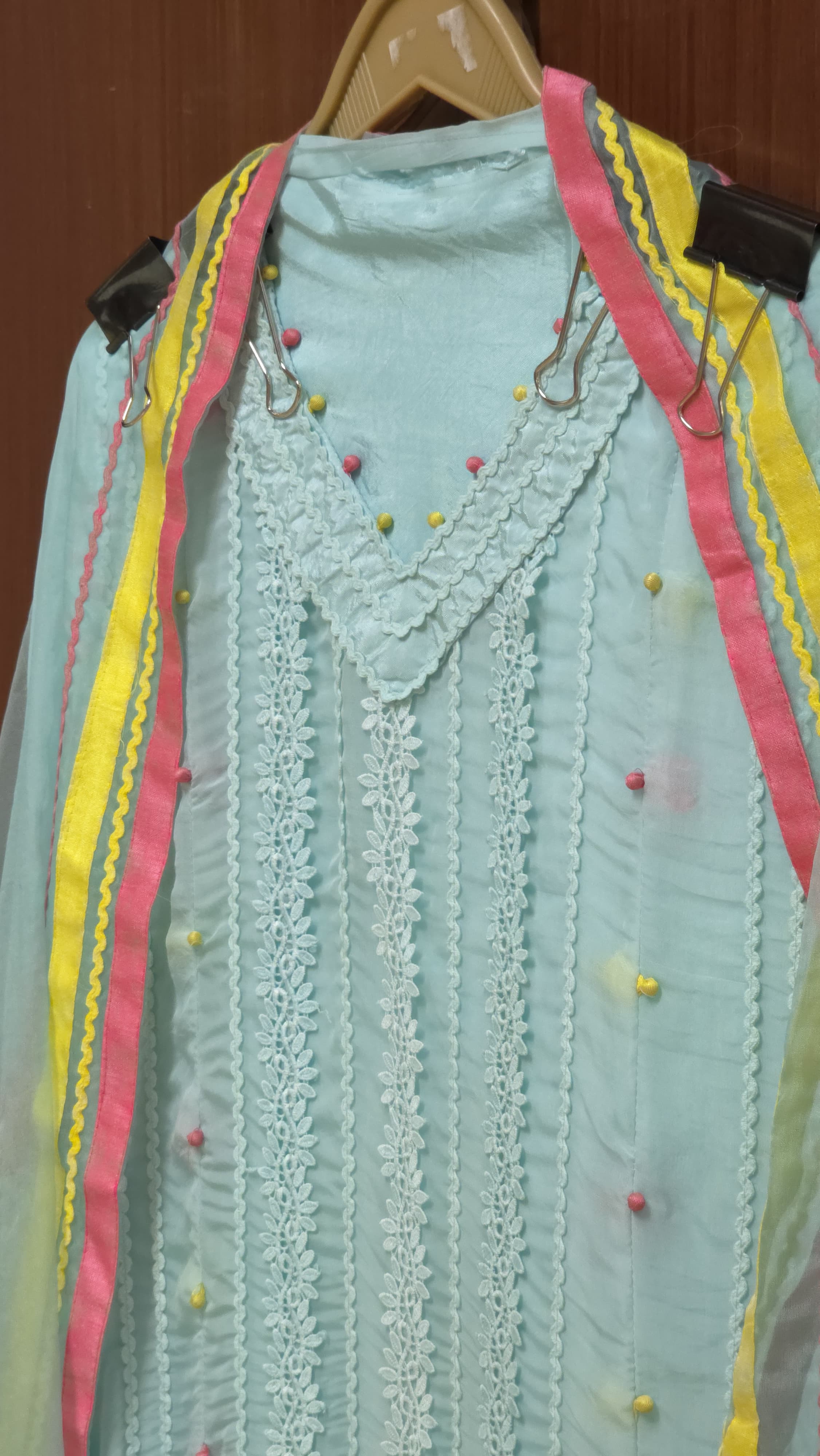 Organza Suit with Karachi laces & delicate patchwork dupatta