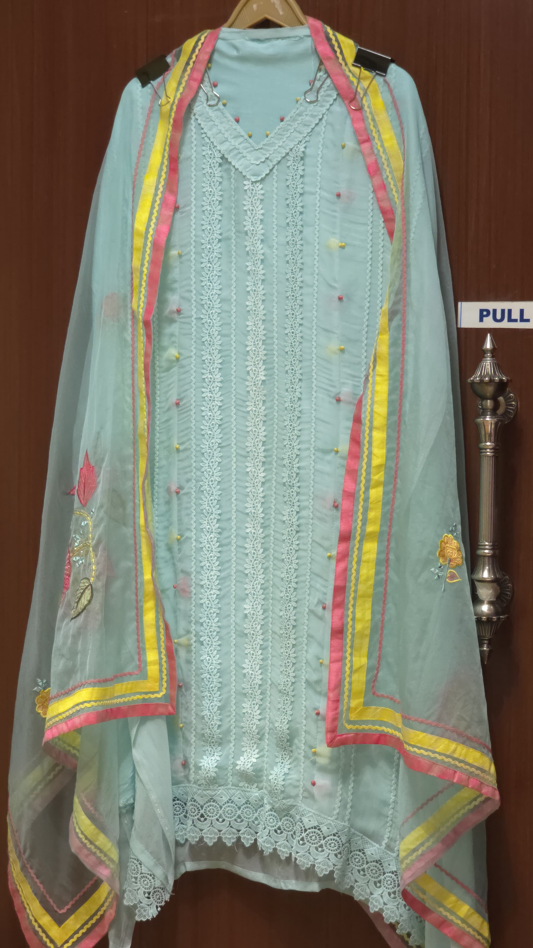 Organza Suit with Karachi laces & delicate patchwork dupatta