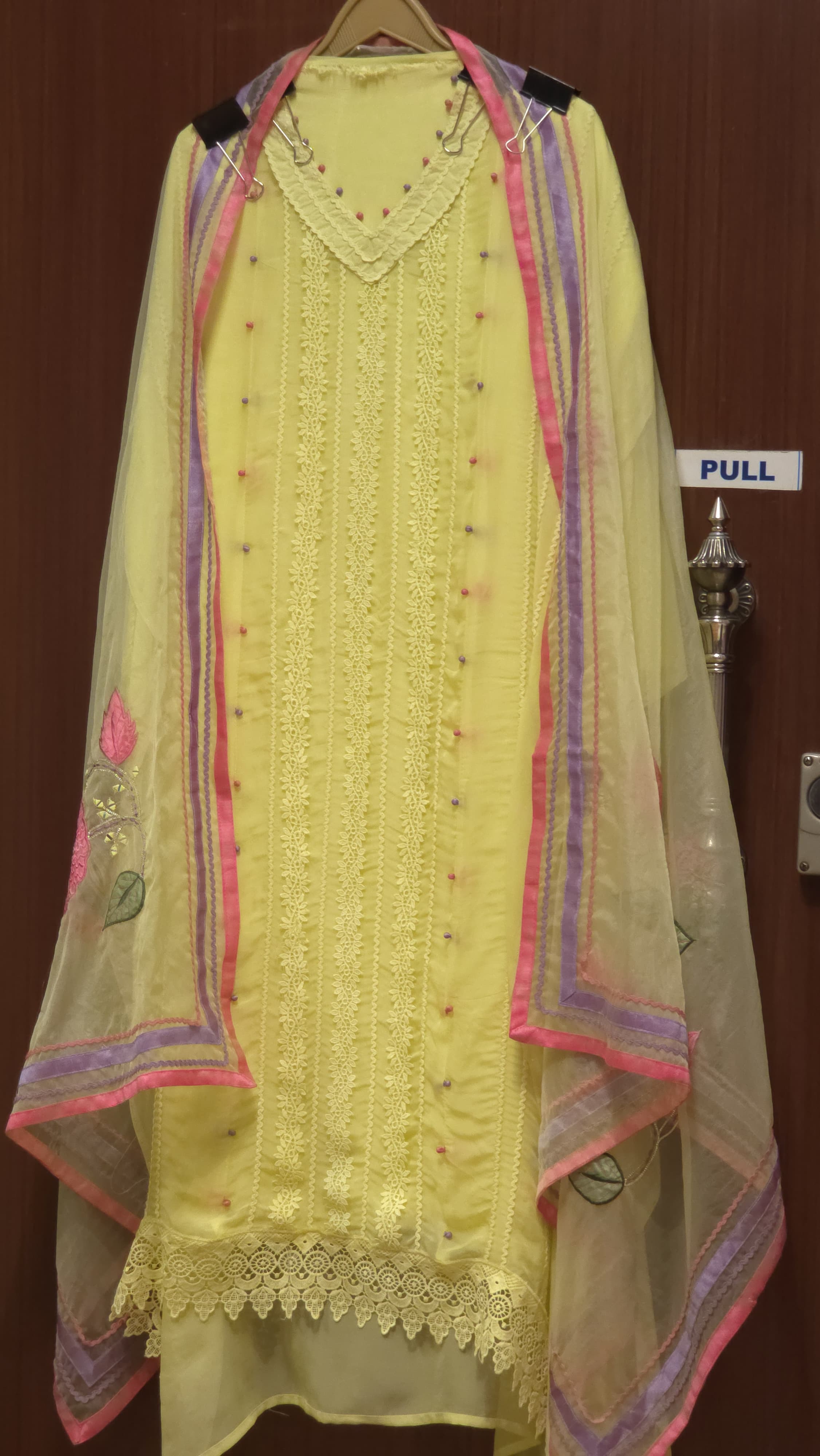 Organza Suit with Karachi laces & delicate patchwork dupatta