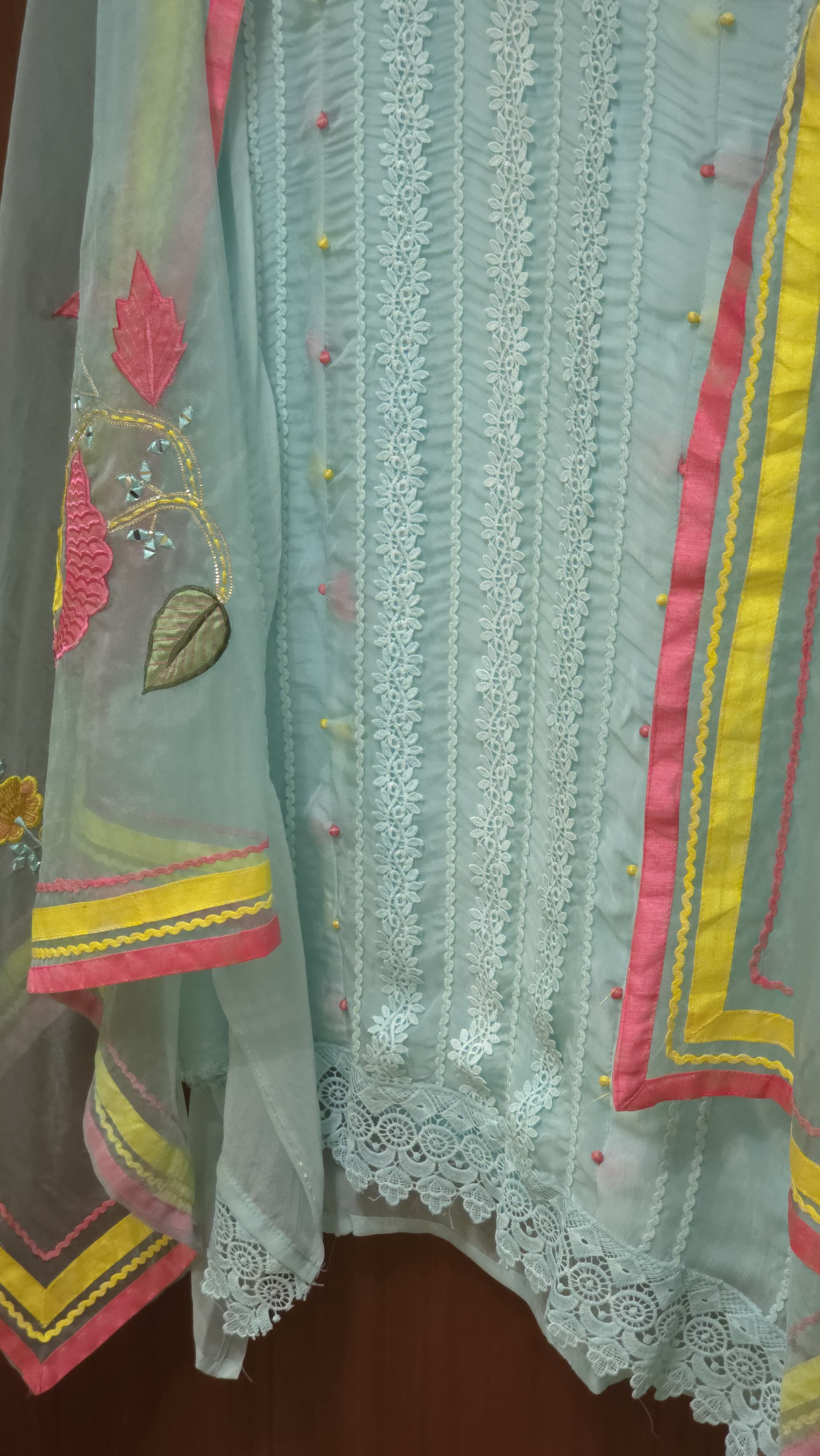 Organza Suit with Karachi laces & delicate patchwork dupatta