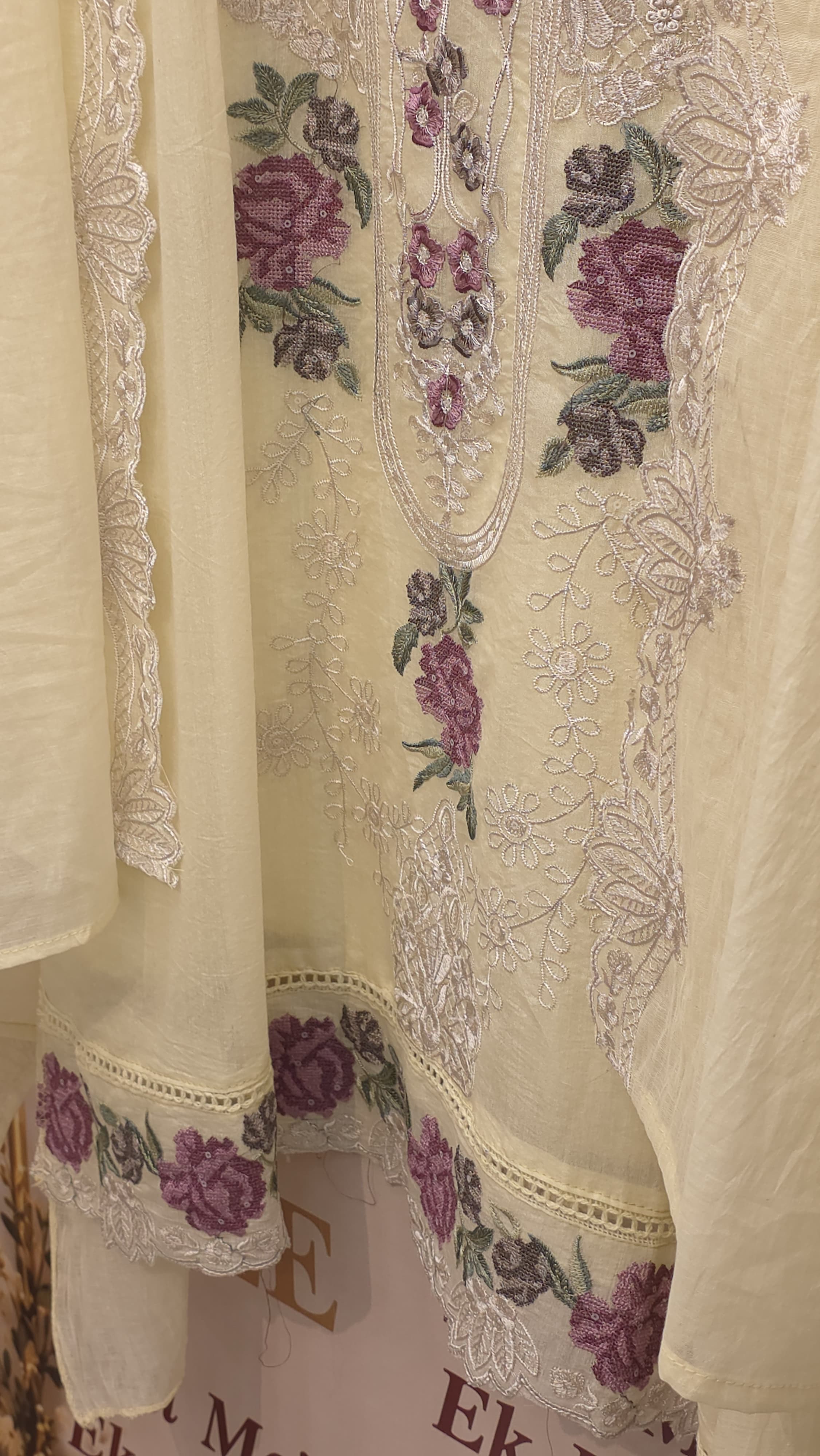 Mul Chanderi Cross- Stitch & Threadwork Suit