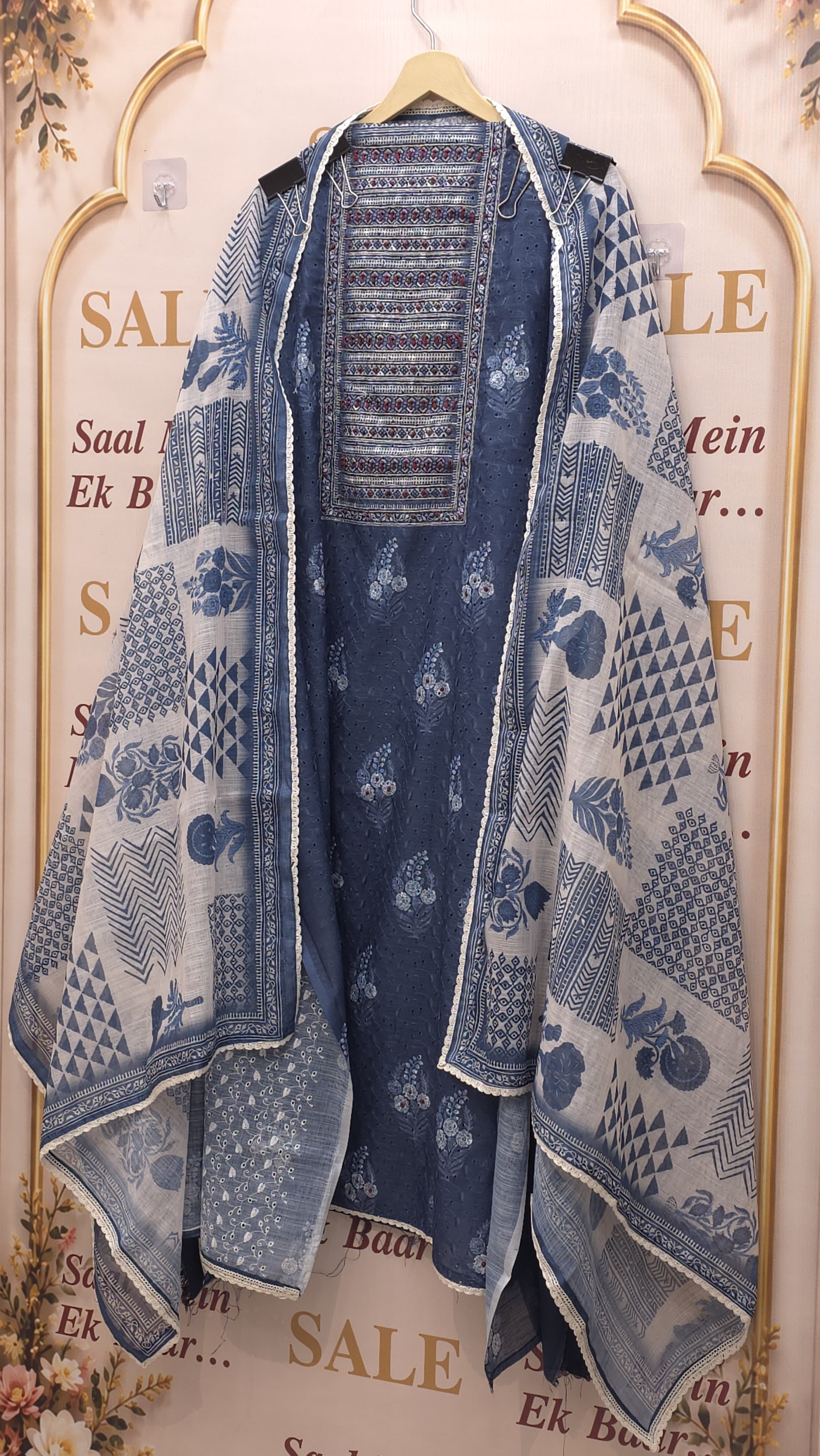 Schiffli Cotton Suit With Ajrak Prints