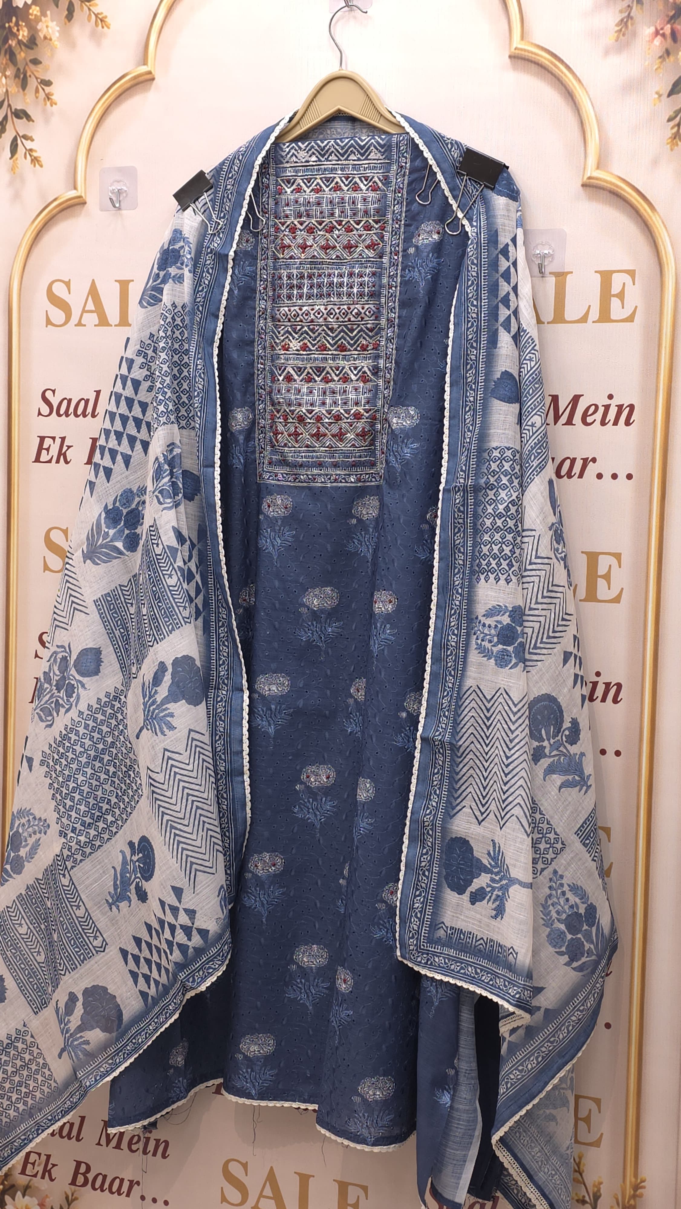 Schiffli Cotton Suit With Ajrak Prints