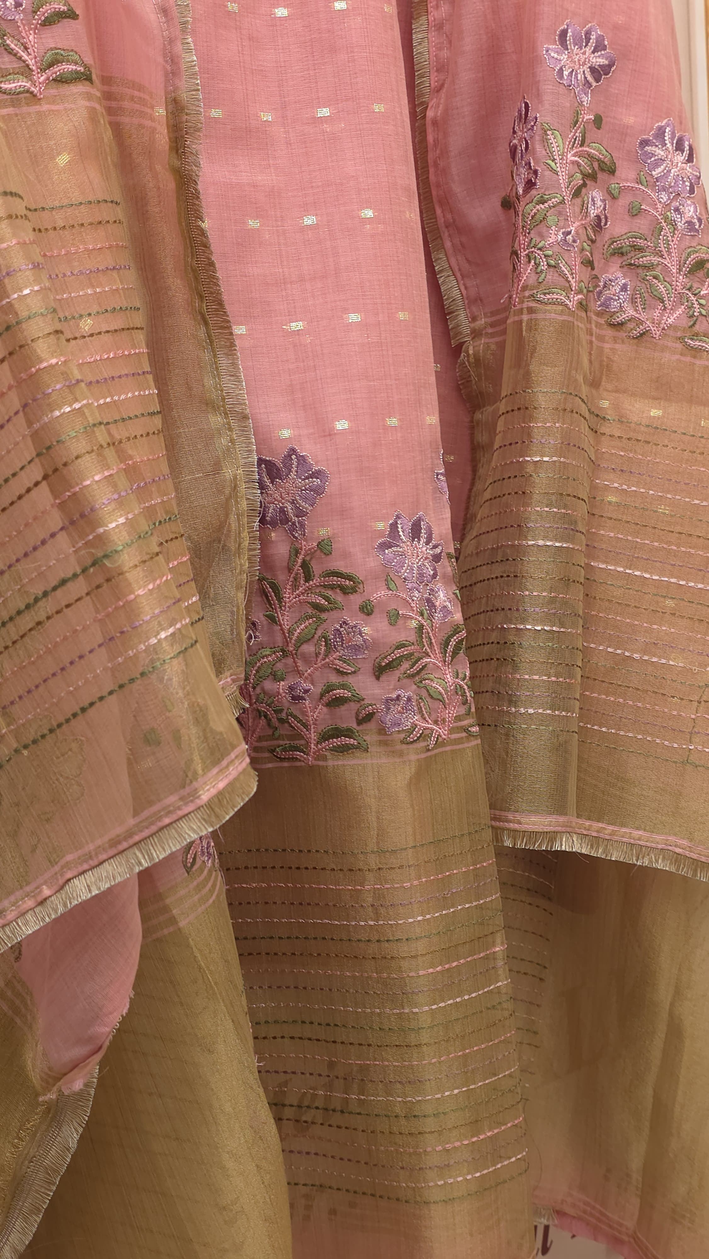 Coloured Jamdani Suit With Kantha Work