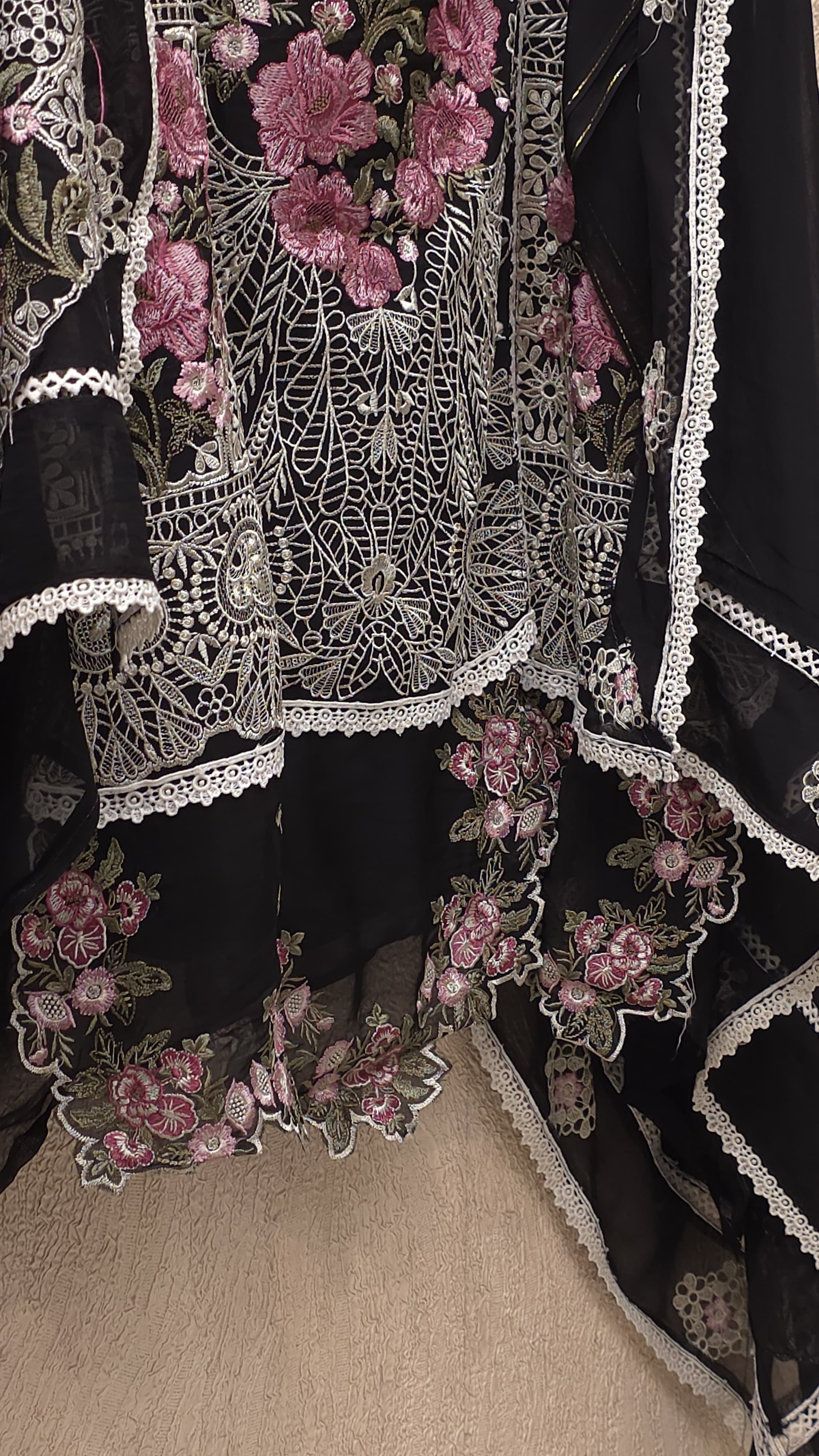 Pakistani Organza Suit with Cutout Embroidered Ghera