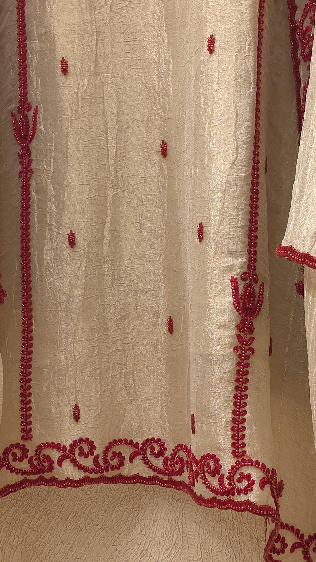 Ivory Crushed Tissue Red Embroidered Suit