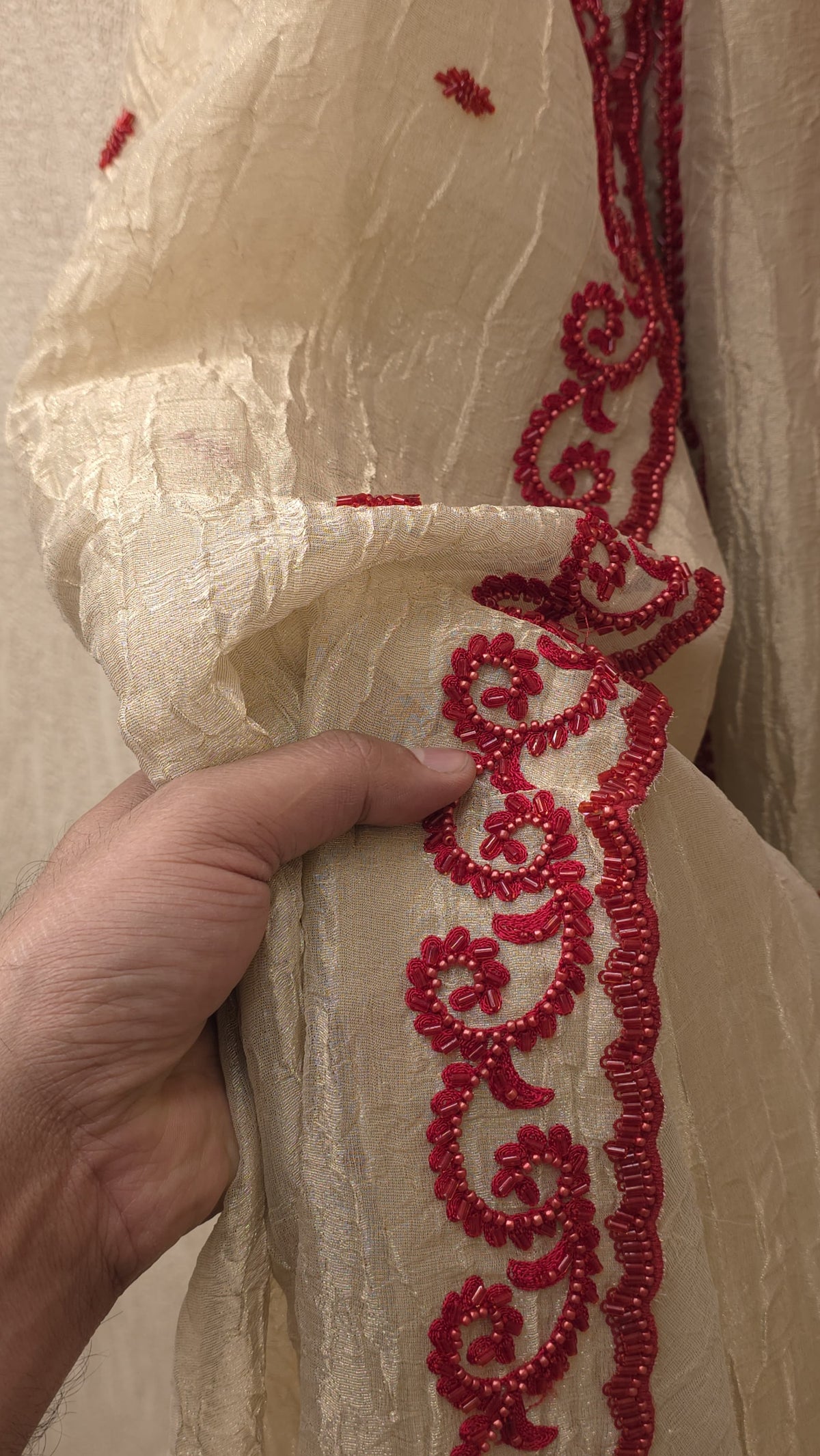 Ivory Crushed Tissue Red Embroidered Suit