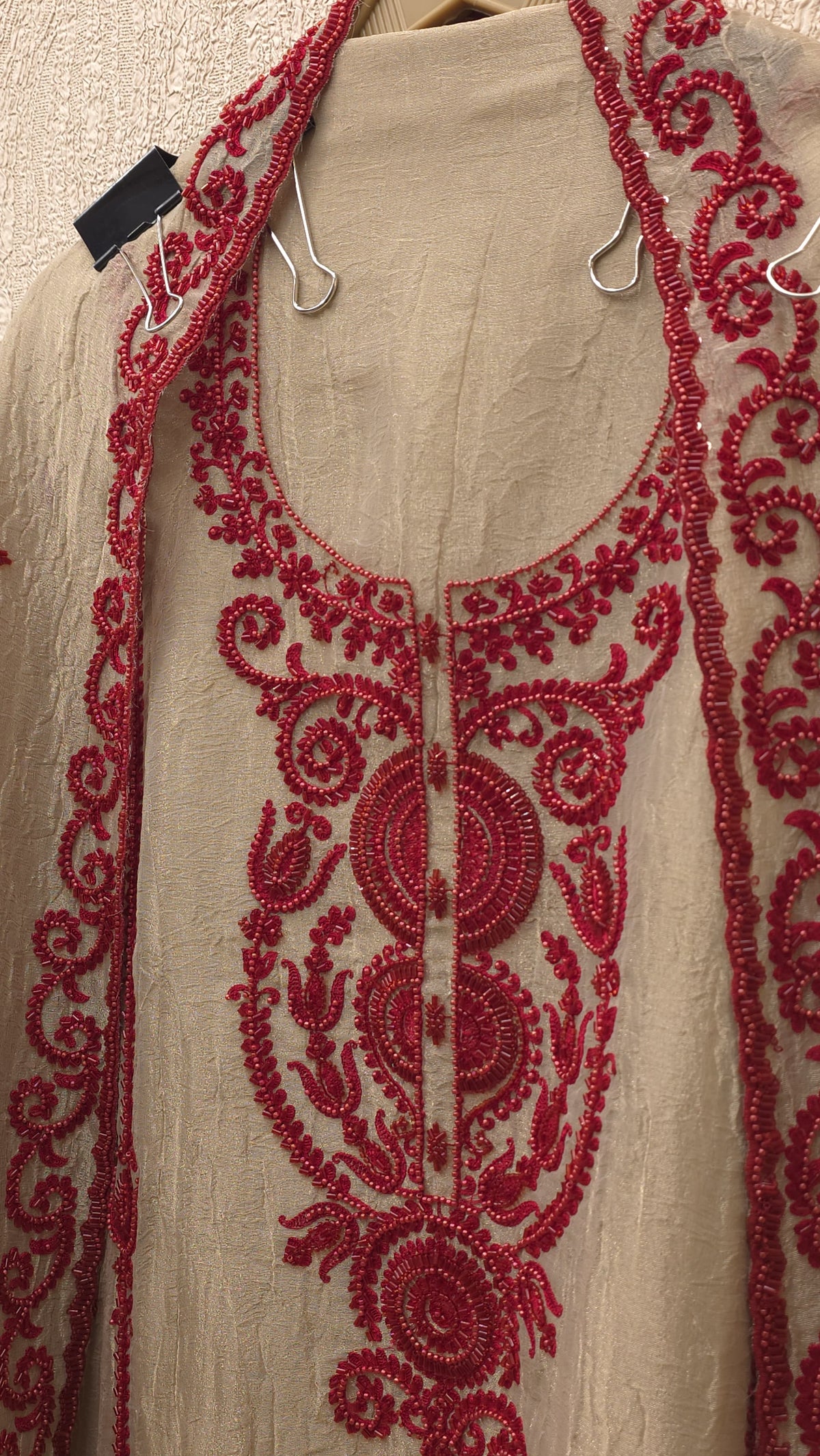 Ivory Crushed Tissue Red Embroidered Suit