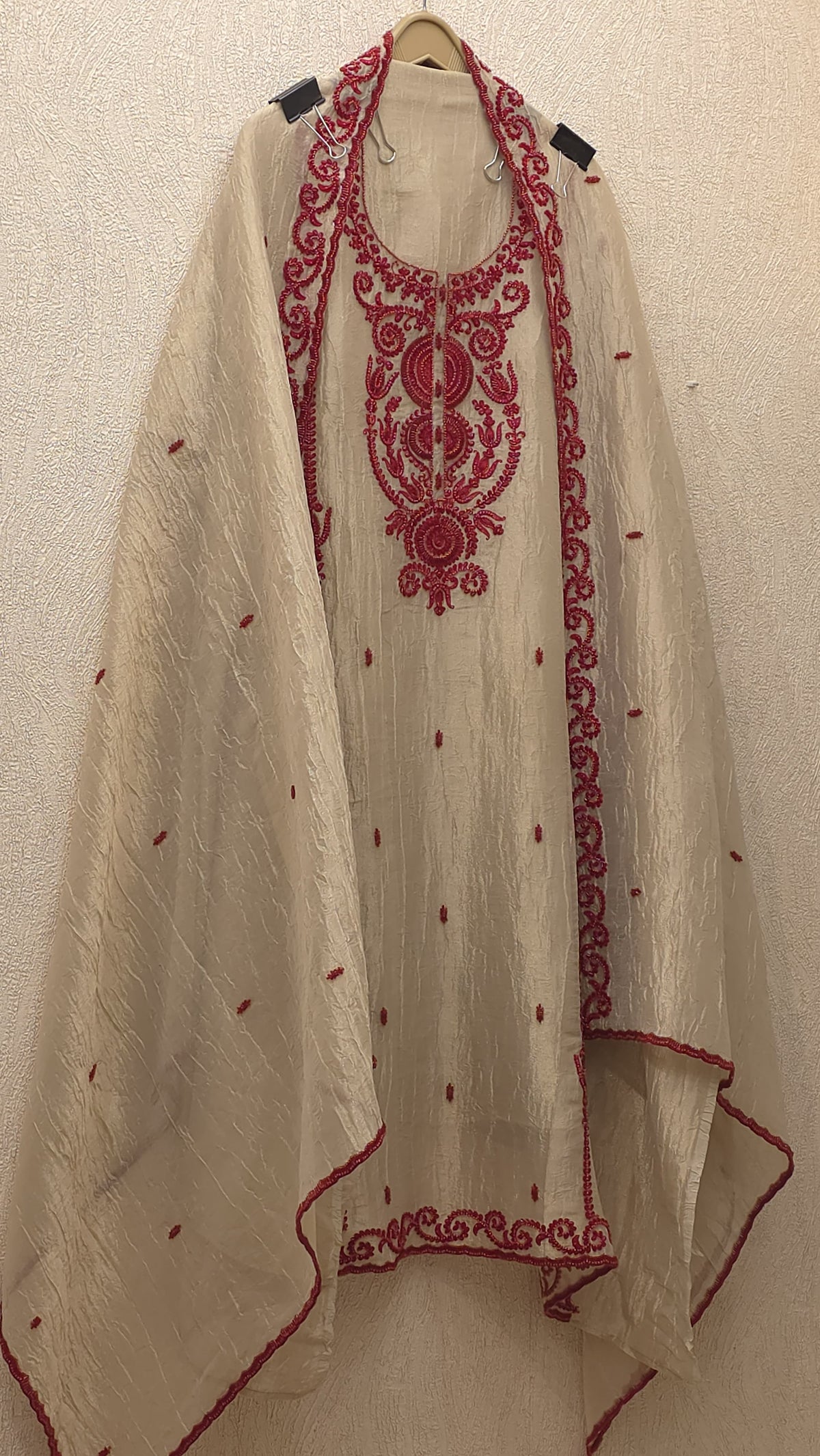 Ivory Crushed Tissue Red Embroidered Suit