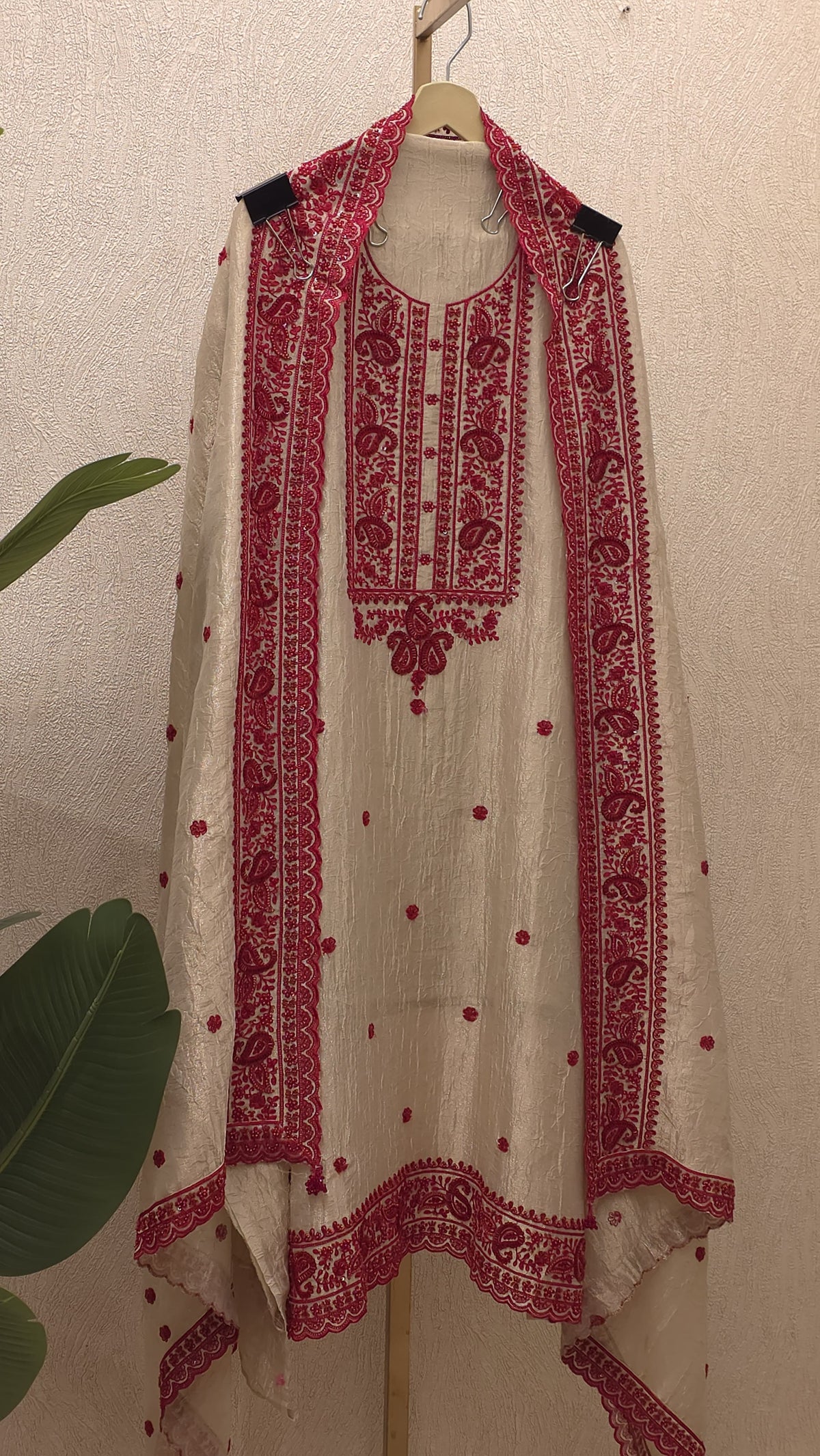 Ivory Crushed Tissue Red Embroidered Suit 2.O
