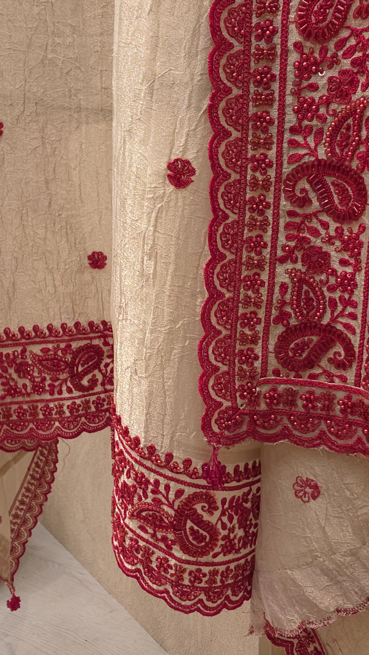 Ivory Crushed Tissue Red Embroidered Suit 2.O