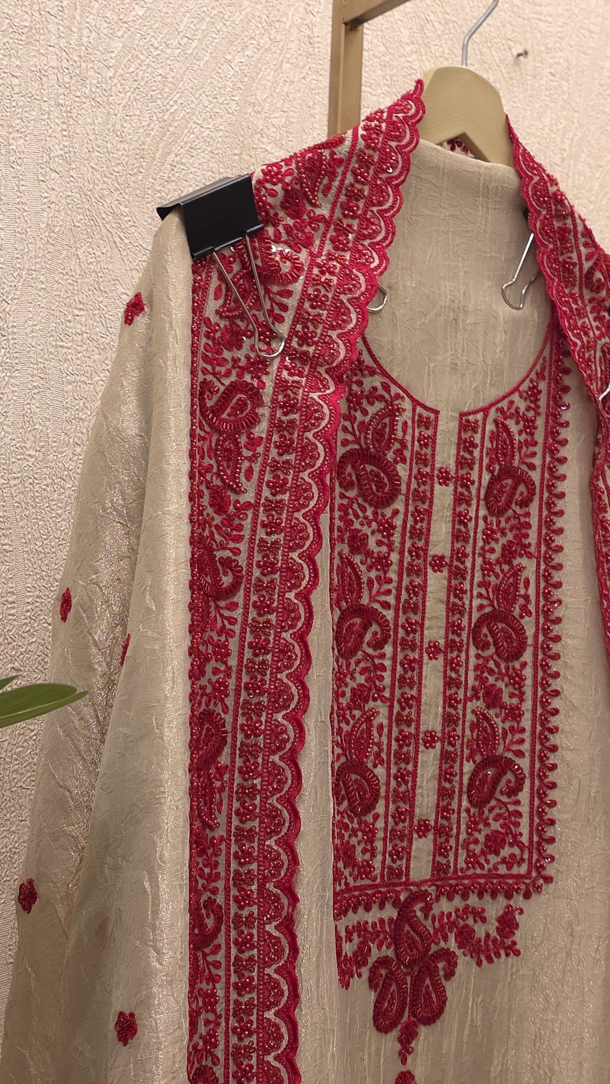Ivory Crushed Tissue Red Embroidered Suit 2.O