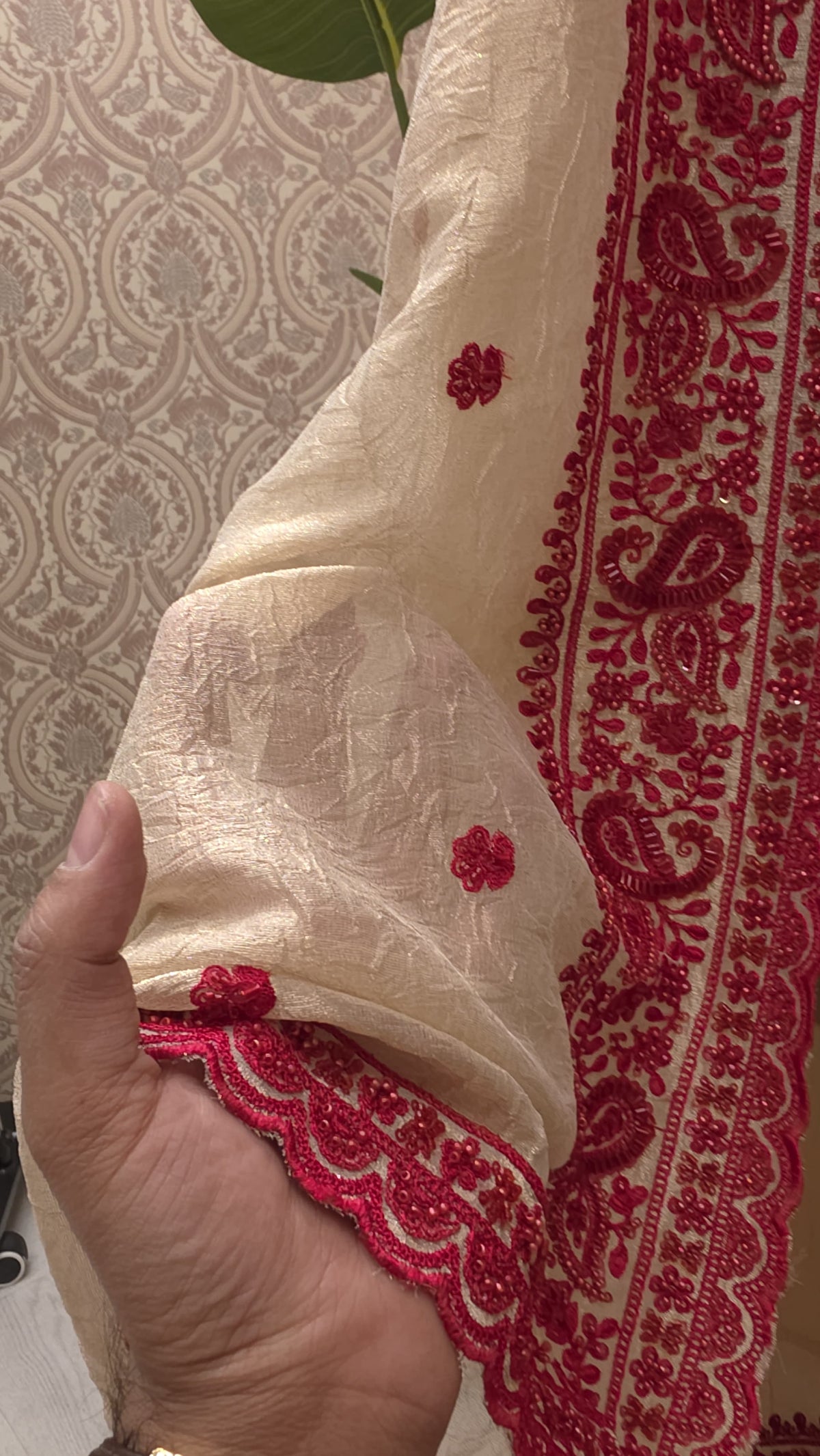 Ivory Crushed Tissue Red Embroidered Suit 2.O