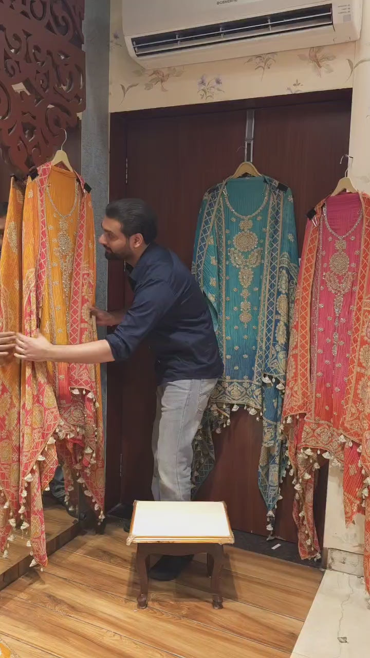 Printed and Crushed fabric Embroidered Suit