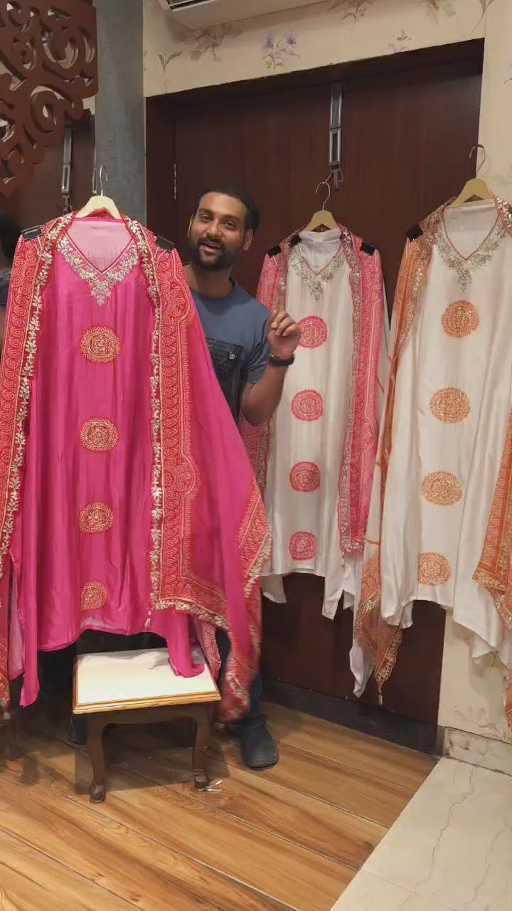 Fine Modal Silk, bandhani Suit with hand work