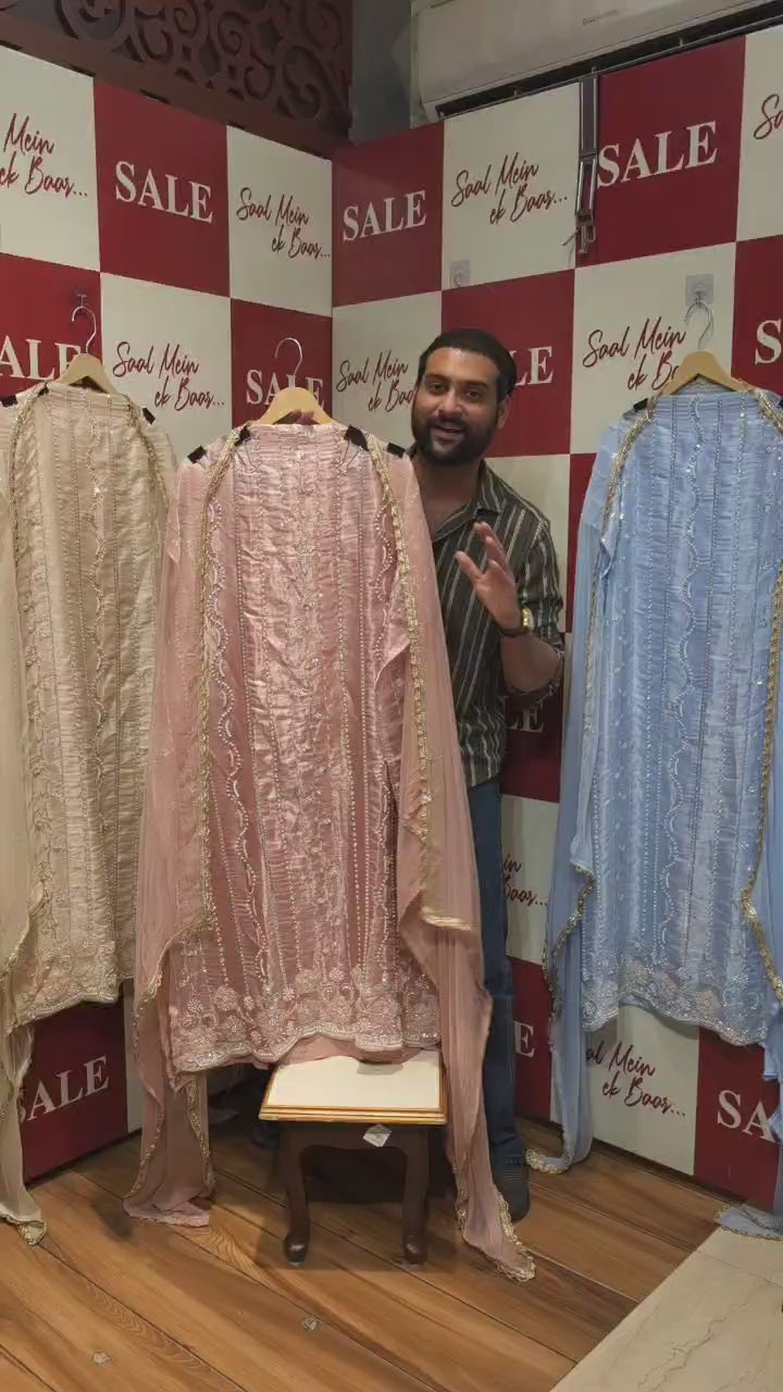 Pearl & Silver Feather Embroidery Suit