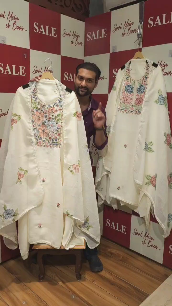 Pure Linen Brush-Paint Aari work Suit
