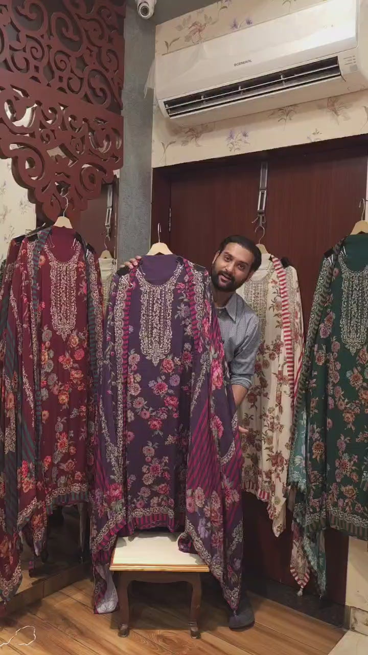 Premium Self Pashmina Suit- Hand-Embroidered Neckline