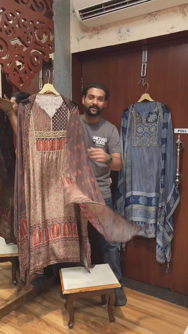 Ajrakh Prints in Crepe & Hand Embroidery