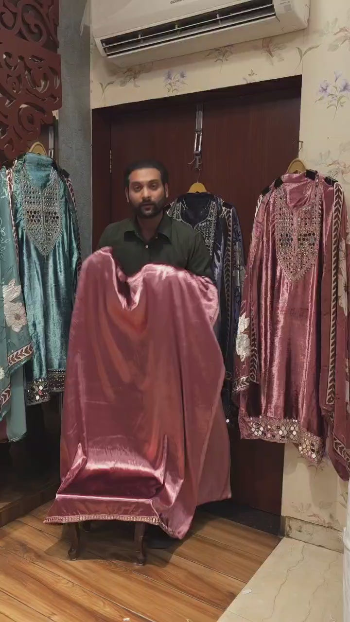 Silk Velvet, Mirror work Suit with Printed Brasso Dupatta