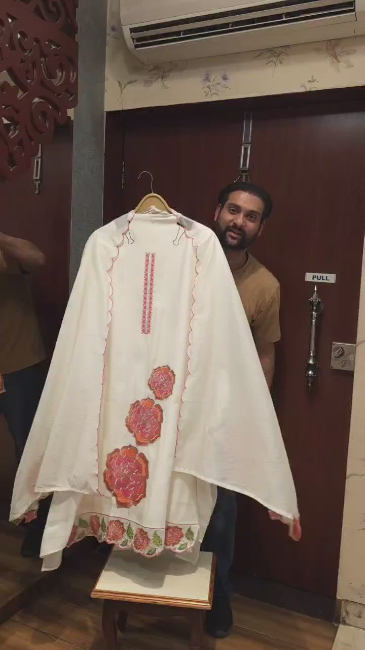 Cream Modal cotton Suit with Roses in Embroidery