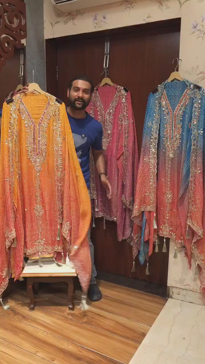 Bandhani Printed, Embroidered Crushed Shimmer tissue Suit