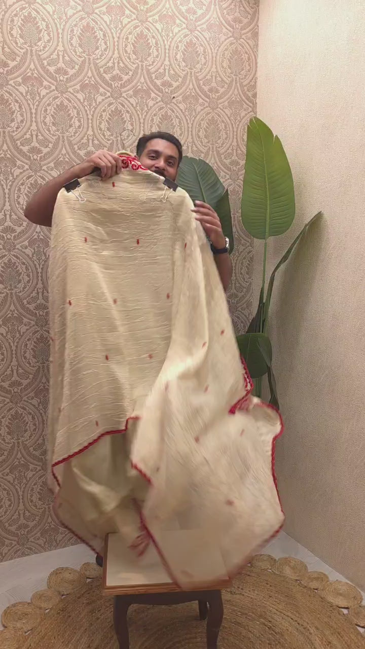 Ivory Crushed Tissue Red Embroidered Suit