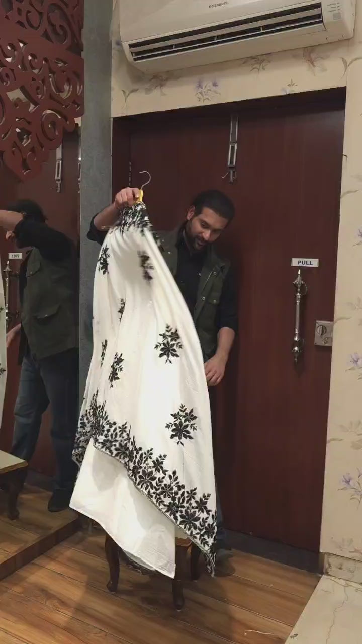 Mul Chanderi Statement Suit - Black on Off White