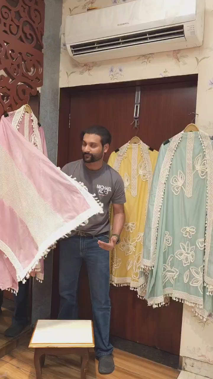 Mul Chanderi Suit with Karachi Embroidery & Lace