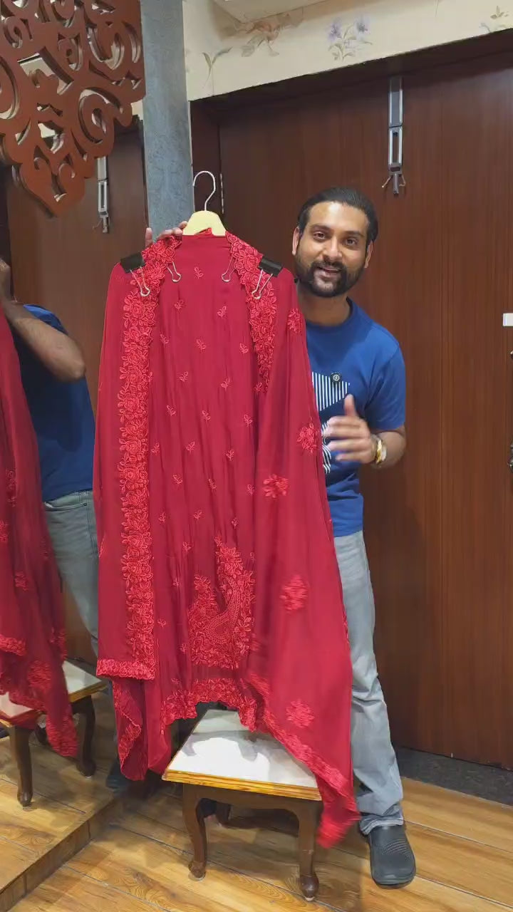 Red-maroon Edition in Viral Parsi Embroidery Suit