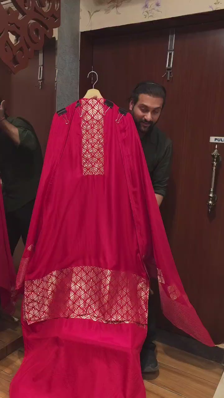 Woven Cotton Silk Suit with Detailed Embroidered
