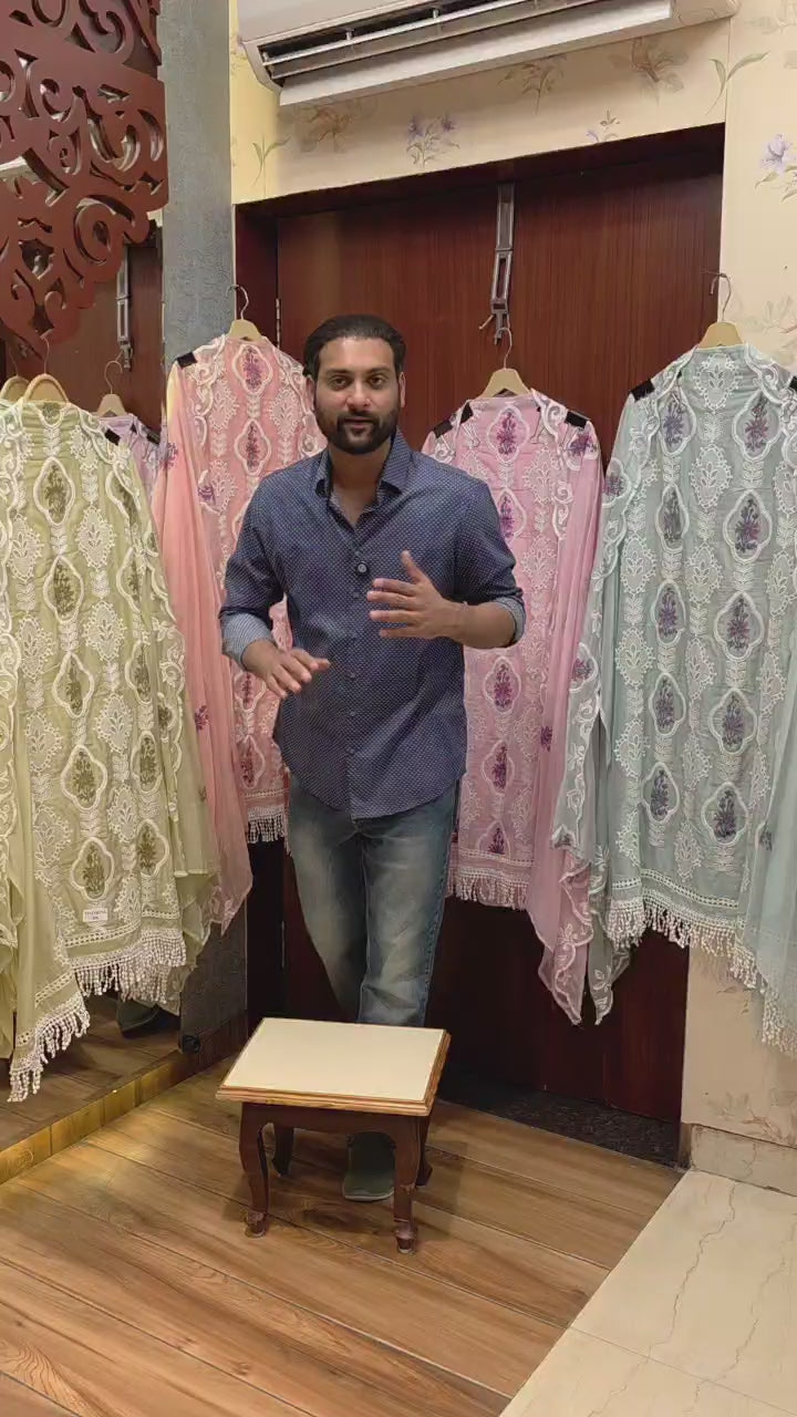 Mul chanderi Suit - Printed, Threadwork with laces