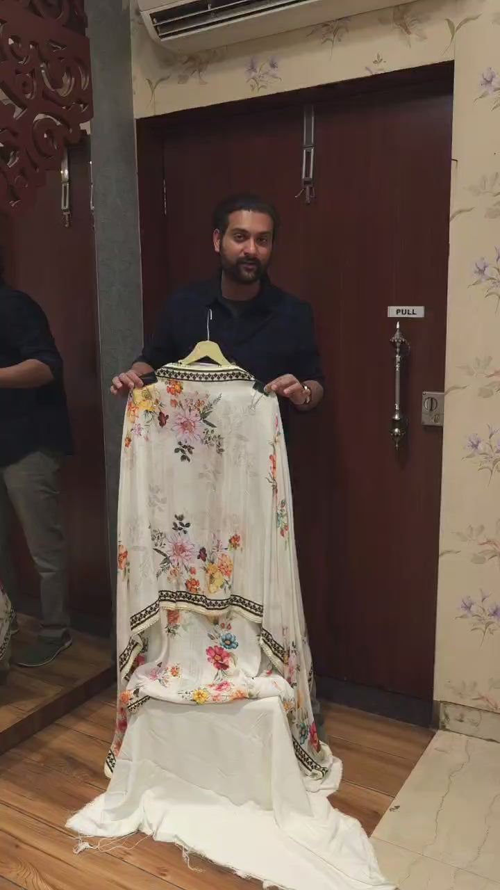 Off-White Floral Base Muslin Suit (Front cut Option)