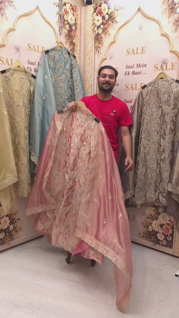 Formal Tissue Suit with statement Pakistani Jaali work