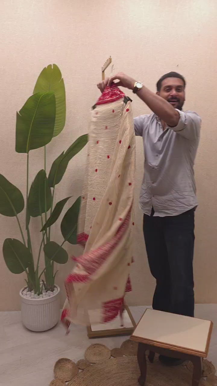 Ivory Crushed Tissue Red Embroidered Suit 2.O