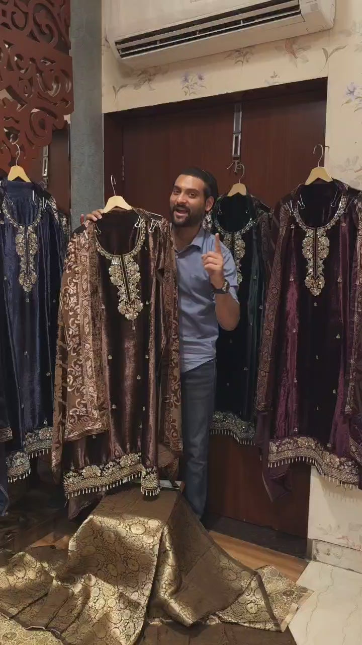 Velvet Suit with Brasso dupatta & Jamawar Silk bottom